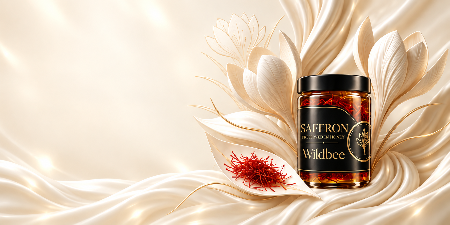 A black-and-gold jar of saffron preserved in honey on ivory silk, with saffron threads resting on a petal and crocus blooms alongside.