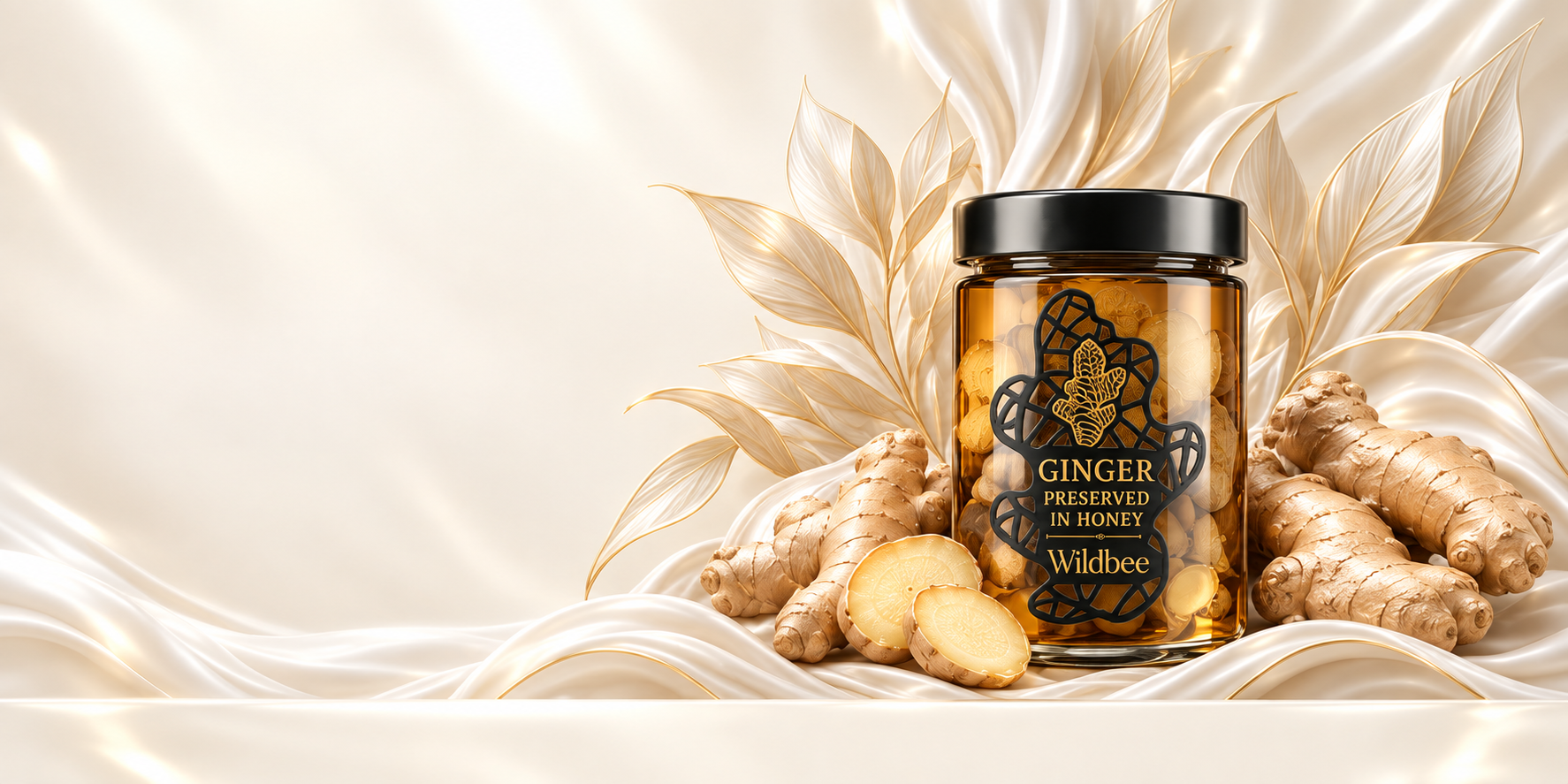 A tall jar of ginger preserved in amber honey on ivory silk, with whole ginger roots and fresh-cut ginger slices.