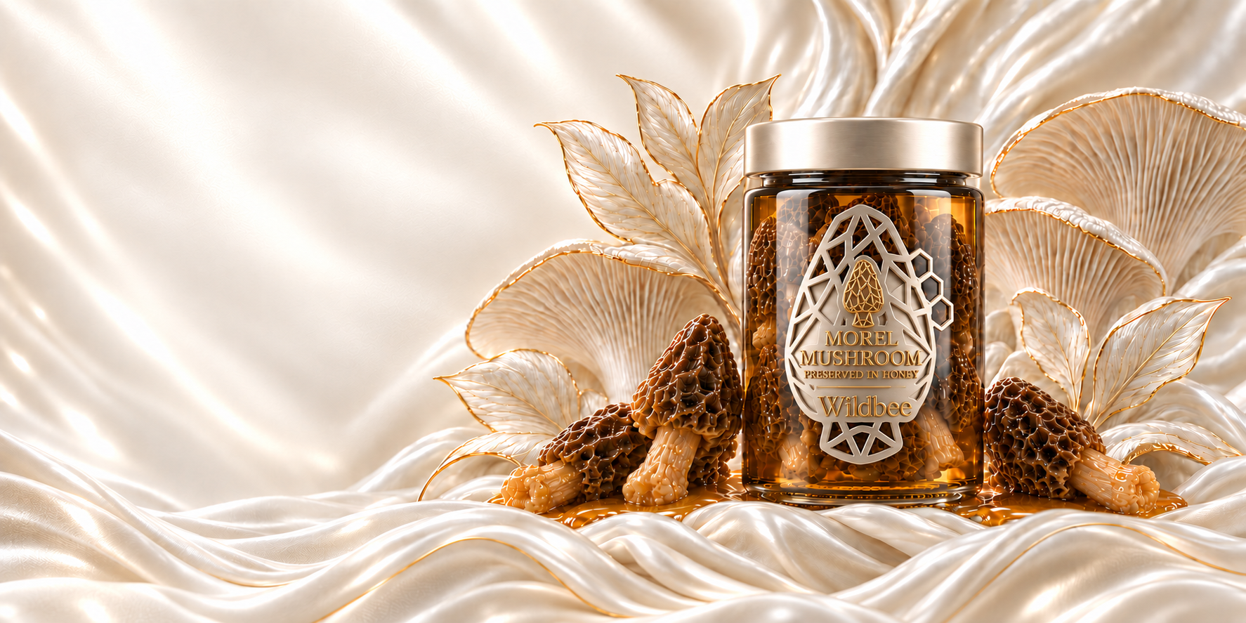A luxury amber jar of Wildbee Morel Mushroom preserved in honey with an ornate gold label, resting on ivory silk beside fresh morels and gold-edged mushroom fans.