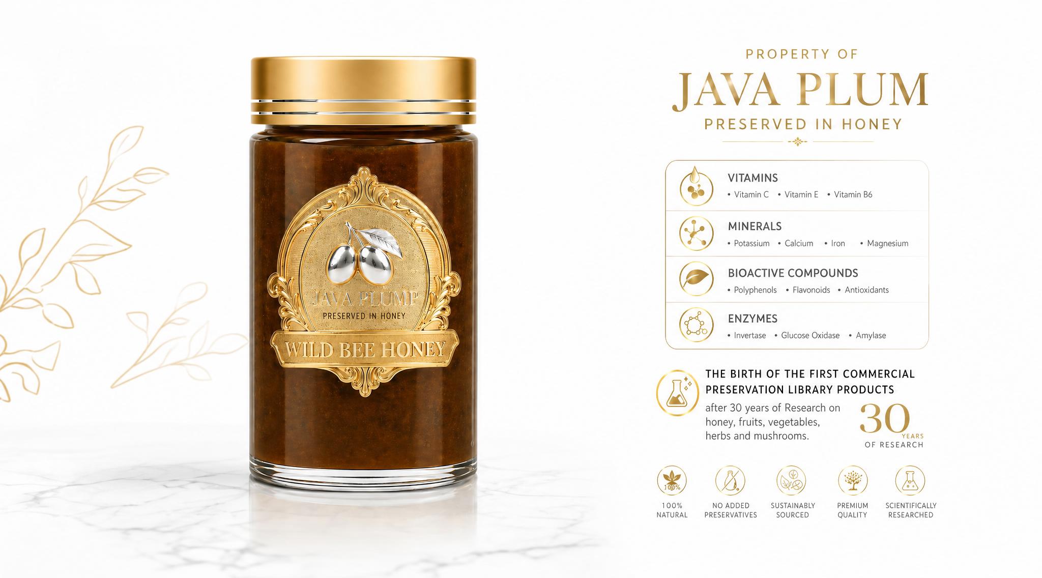 The gold-framed Java Plum jar, preserved in honey.