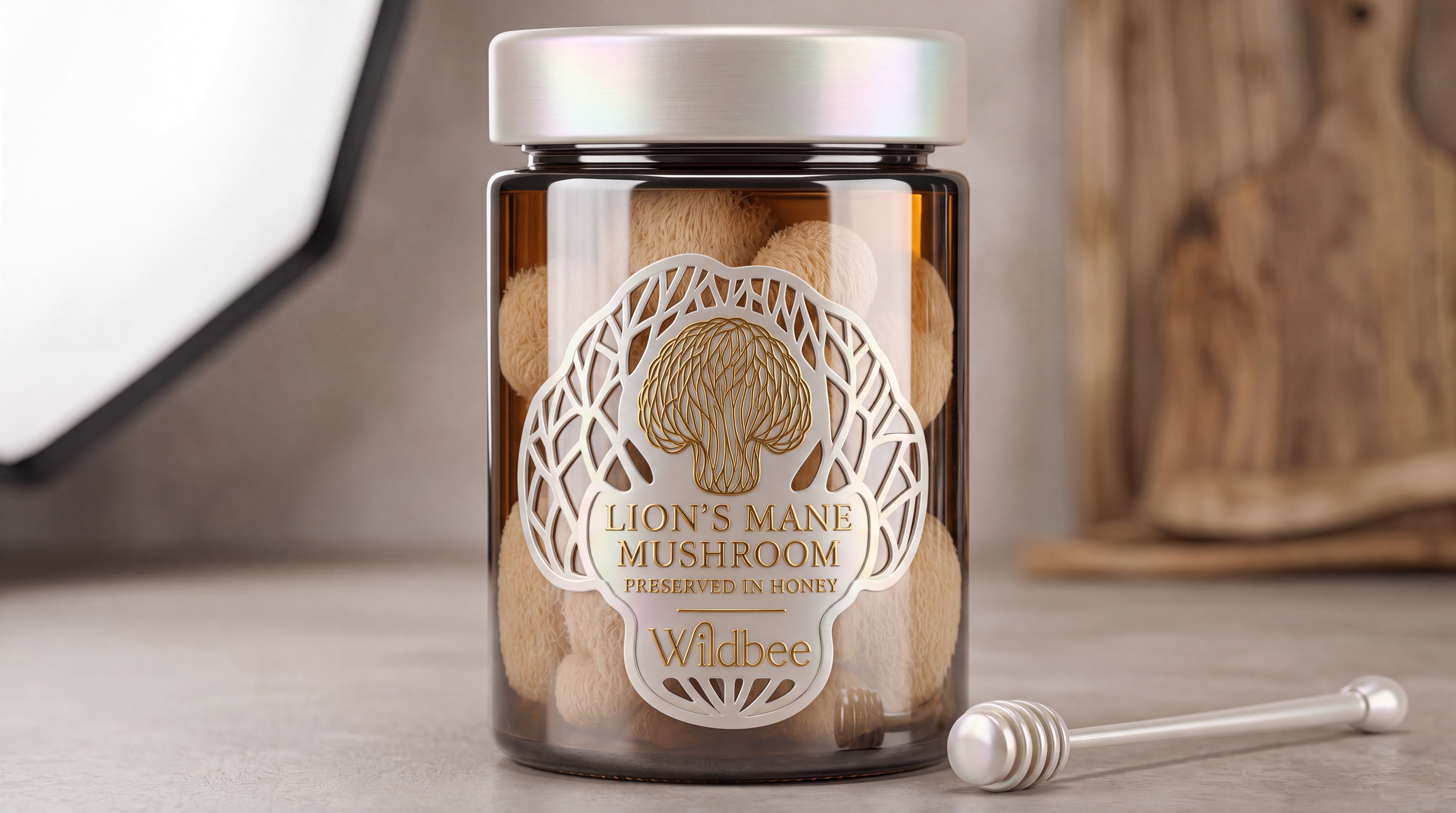 A jar of Lion's Mane mushroom preserved in honey.